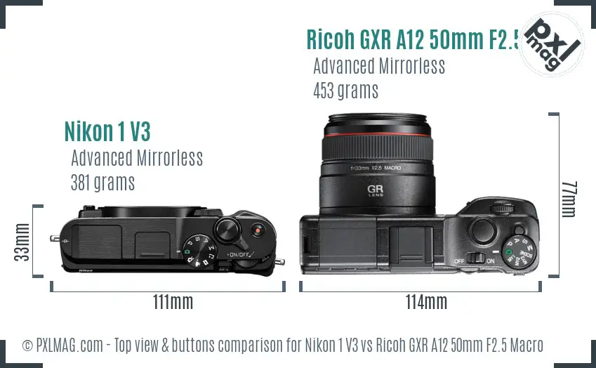 Nikon 1 V3 vs Ricoh GXR A12 50mm F2.5 Macro top view buttons comparison