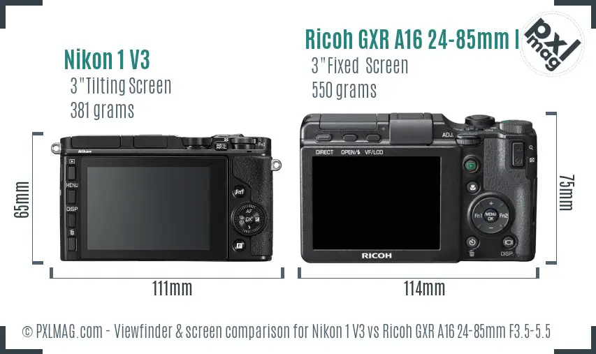 Nikon 1 V3 vs Ricoh GXR A16 24-85mm F3.5-5.5 Screen and Viewfinder comparison