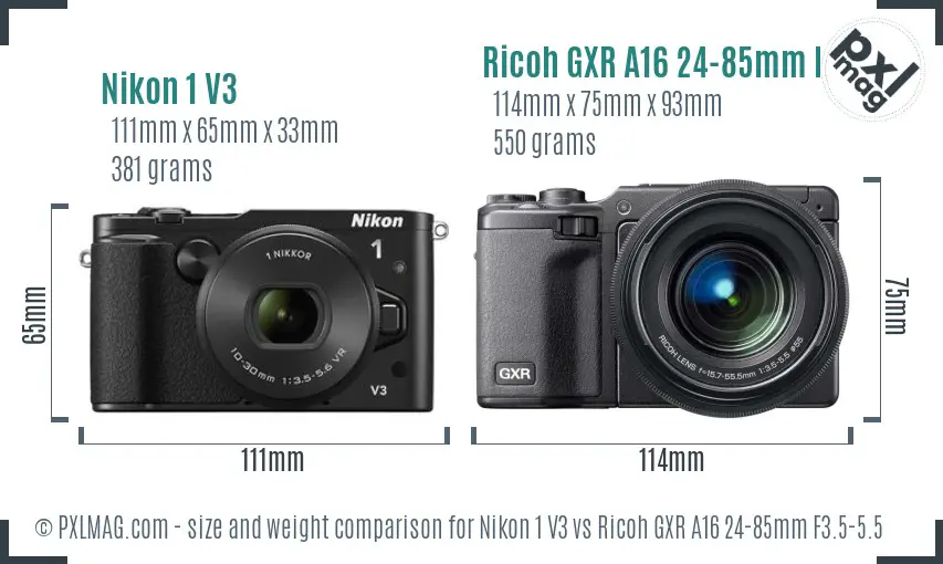 Nikon 1 V3 vs Ricoh GXR A16 24-85mm F3.5-5.5 size comparison