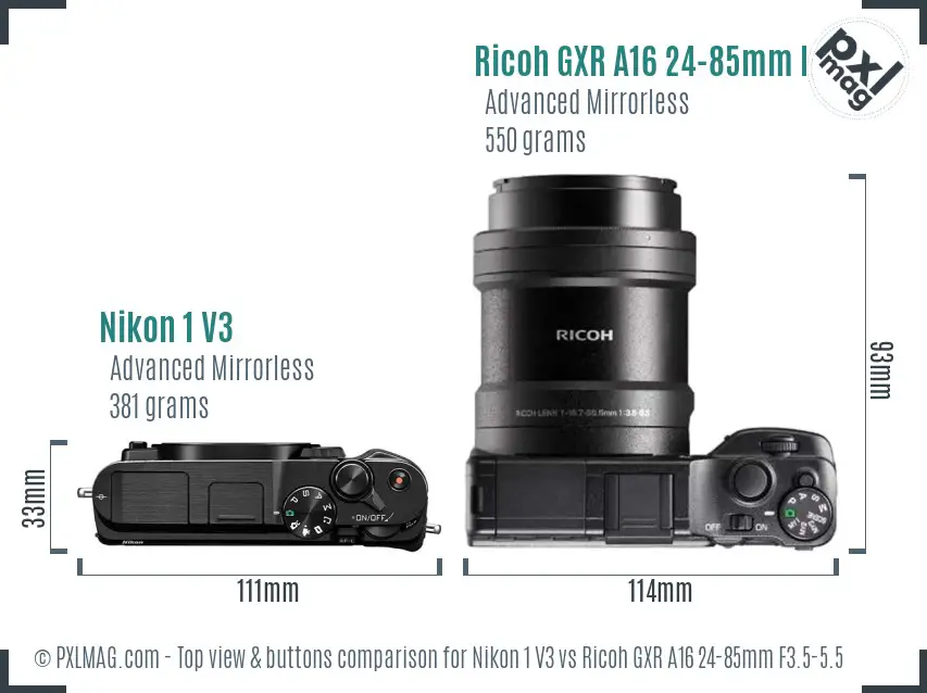 Nikon 1 V3 vs Ricoh GXR A16 24-85mm F3.5-5.5 top view buttons comparison