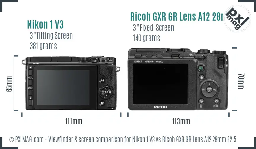 Nikon 1 V3 vs Ricoh GXR GR Lens A12 28mm F2.5 Screen and Viewfinder comparison