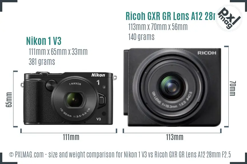 Nikon 1 V3 vs Ricoh GXR GR Lens A12 28mm F2.5 size comparison