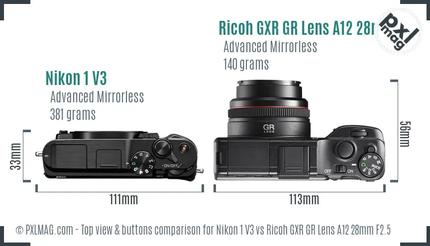 Nikon 1 V3 vs Ricoh GXR GR Lens A12 28mm F2.5 top view buttons comparison