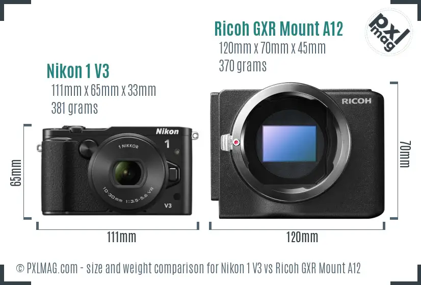 Nikon 1 V3 vs Ricoh GXR Mount A12 size comparison