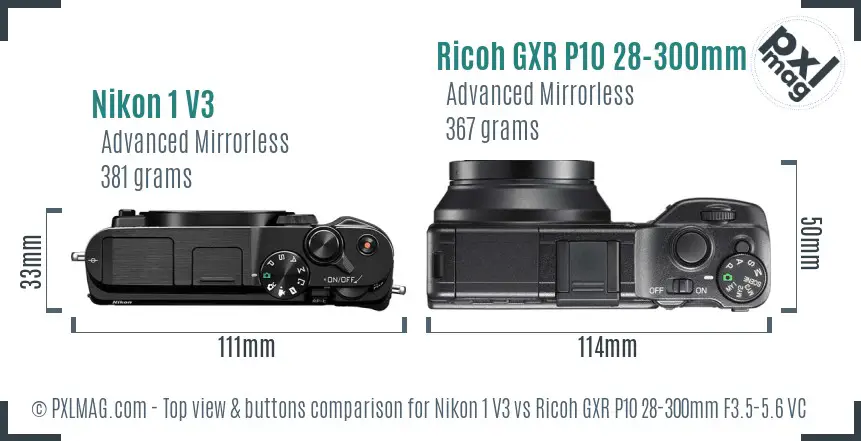 Nikon 1 V3 vs Ricoh GXR P10 28-300mm F3.5-5.6 VC top view buttons comparison