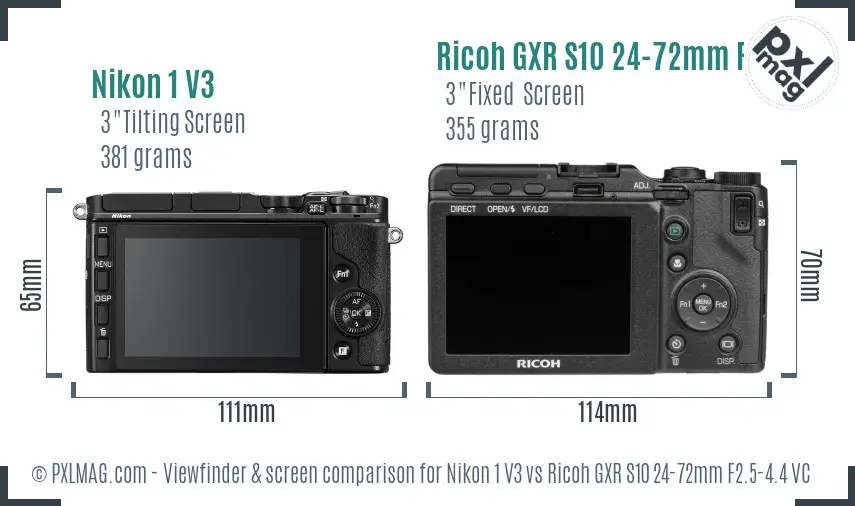 Nikon 1 V3 vs Ricoh GXR S10 24-72mm F2.5-4.4 VC Screen and Viewfinder comparison