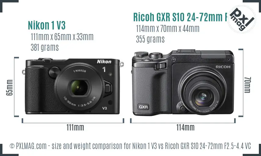 Nikon 1 V3 vs Ricoh GXR S10 24-72mm F2.5-4.4 VC size comparison