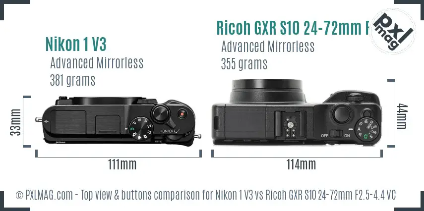 Nikon 1 V3 vs Ricoh GXR S10 24-72mm F2.5-4.4 VC top view buttons comparison