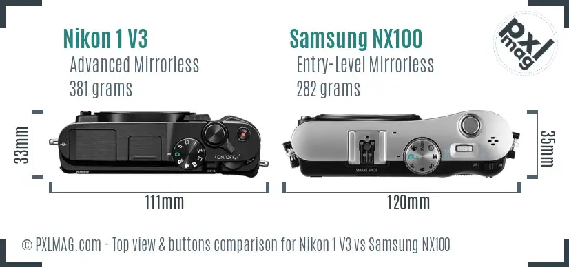 Nikon 1 V3 vs Samsung NX100 top view buttons comparison
