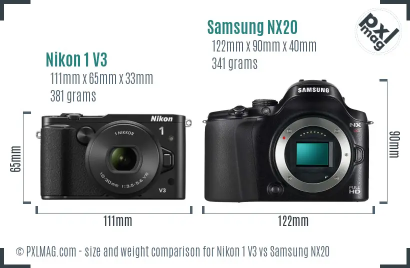 Nikon 1 V3 vs Samsung NX20 size comparison