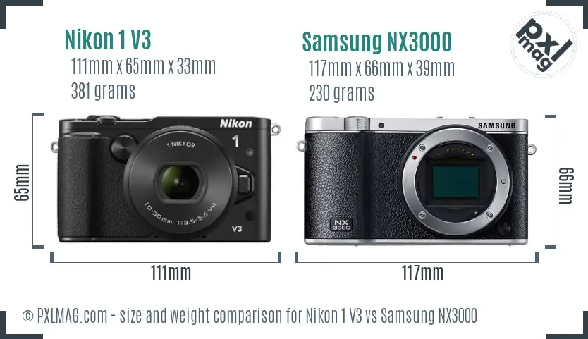 Nikon 1 V3 vs Samsung NX3000 size comparison