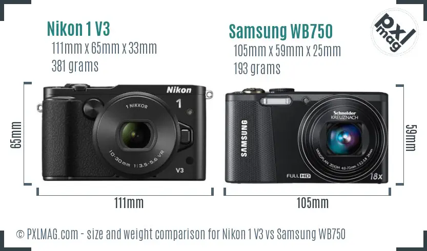 Nikon 1 V3 vs Samsung WB750 size comparison