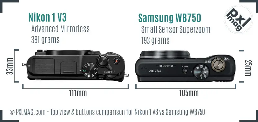 Nikon 1 V3 vs Samsung WB750 top view buttons comparison
