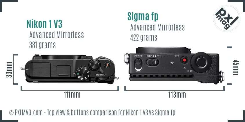 Nikon 1 V3 vs Sigma fp top view buttons comparison