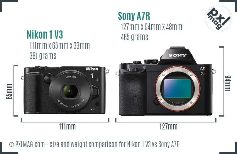 Nikon 1 V3 vs Sony A7R size comparison