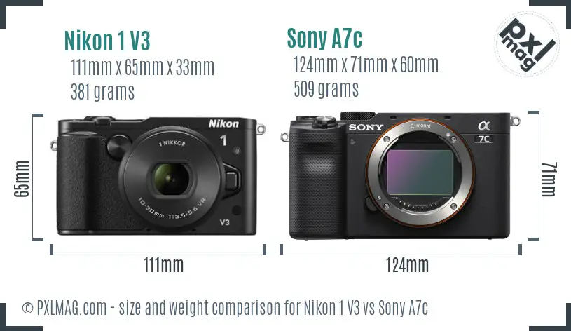 Nikon 1 V3 vs Sony A7c size comparison