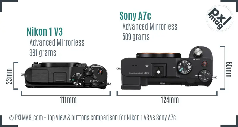 Nikon 1 V3 vs Sony A7c top view buttons comparison