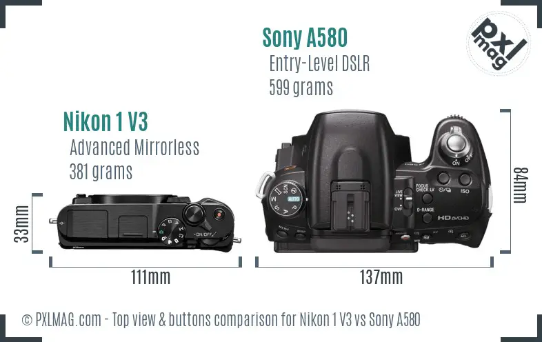 Nikon 1 V3 vs Sony A580 top view buttons comparison