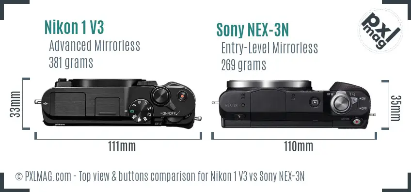 Nikon 1 V3 vs Sony NEX-3N top view buttons comparison Nikon 1 V3 vs Sony NEX-3N top view buttons comparison