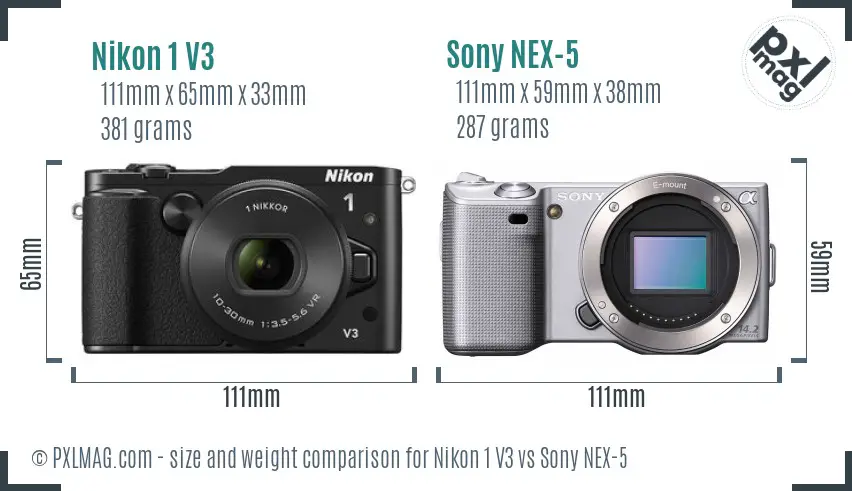 Nikon 1 V3 vs Sony NEX-5 size comparison