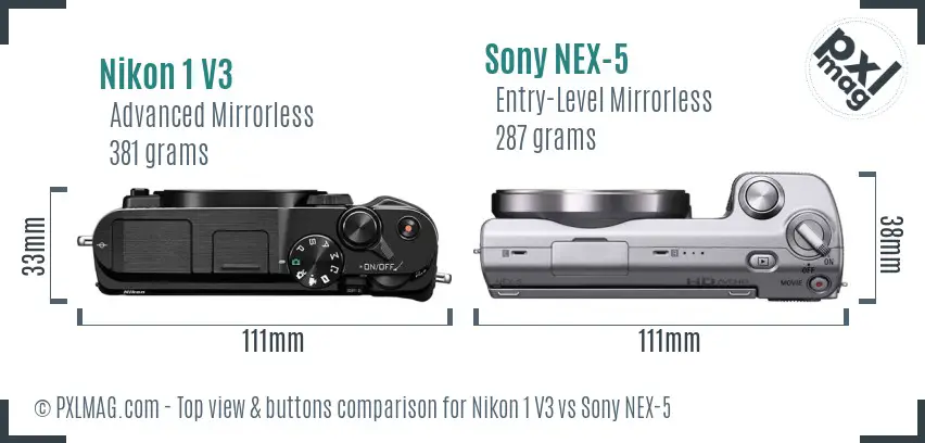 Nikon 1 V3 vs Sony NEX-5 top view buttons comparison