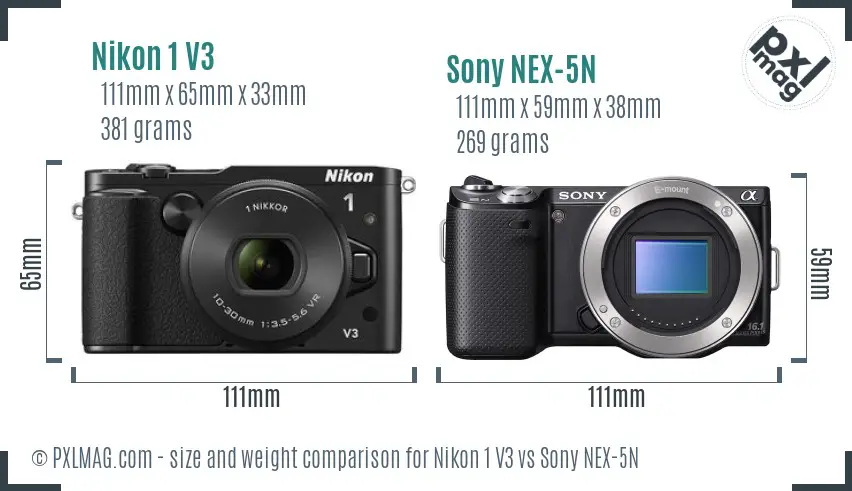 Nikon 1 V3 vs Sony NEX-5N size comparison