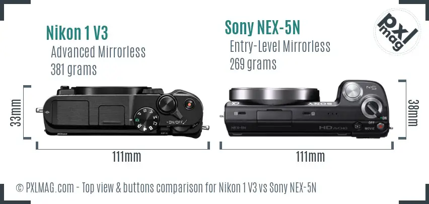 Nikon 1 V3 vs Sony NEX-5N top view buttons comparison