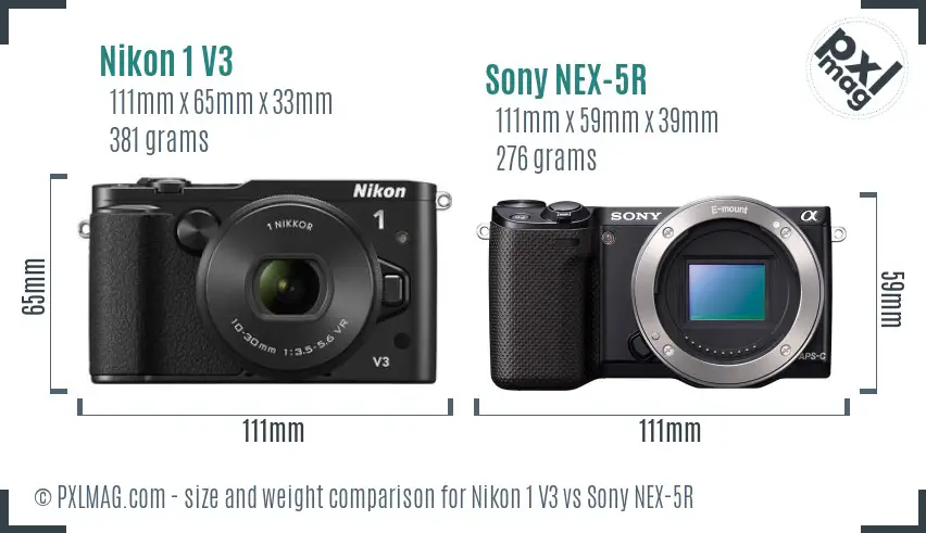 Nikon 1 V3 vs Sony NEX-5R size comparison