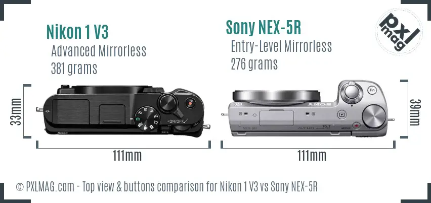 Nikon 1 V3 vs Sony NEX-5R top view buttons comparison