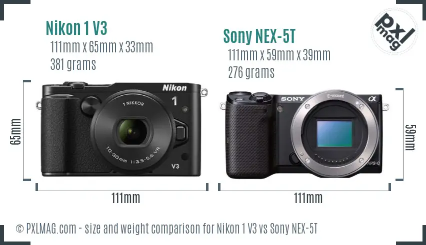 Nikon 1 V3 vs Sony NEX-5T size comparison