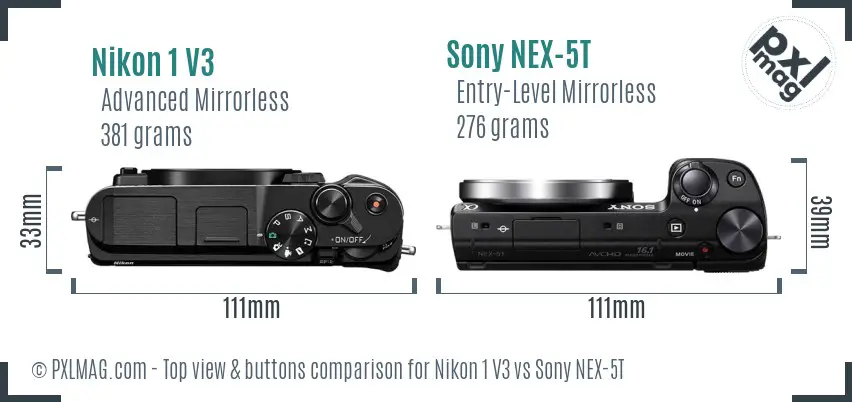 Nikon 1 V3 vs Sony NEX-5T top view buttons comparison