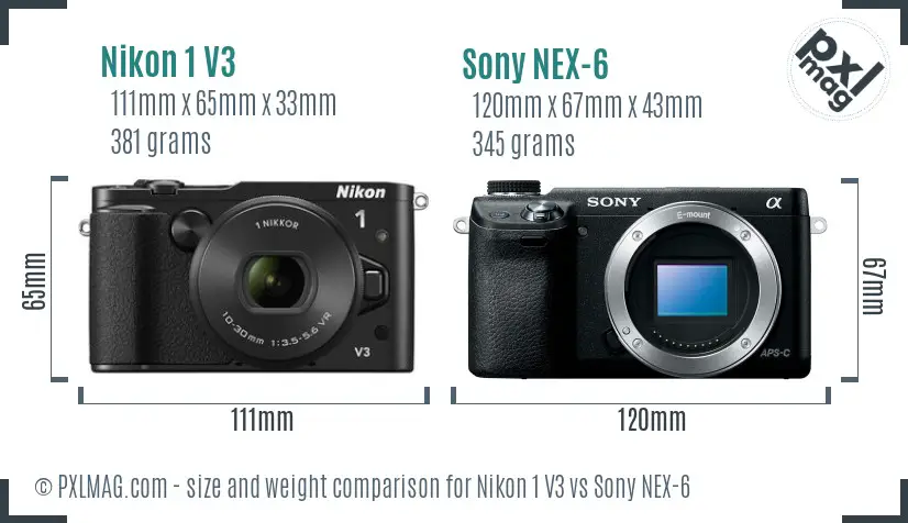Nikon 1 V3 vs Sony NEX-6 size comparison