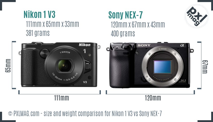 Nikon 1 V3 vs Sony NEX-7 size comparison