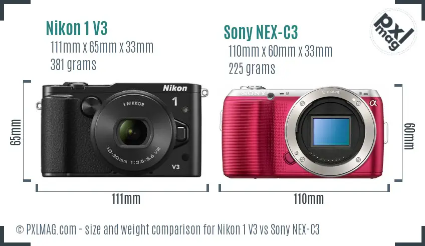 Nikon 1 V3 vs Sony NEX-C3 size comparison
