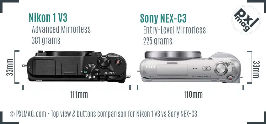 Nikon 1 V3 vs Sony NEX-C3 top view buttons comparison