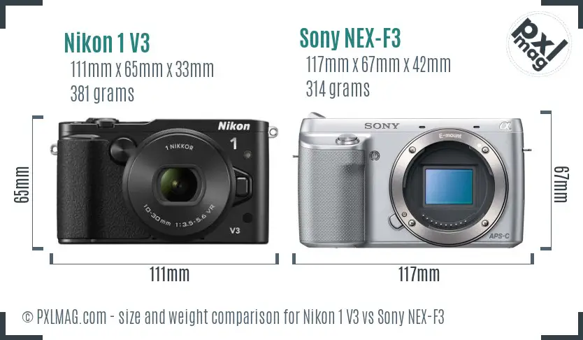 Nikon 1 V3 vs Sony NEX-F3 size comparison