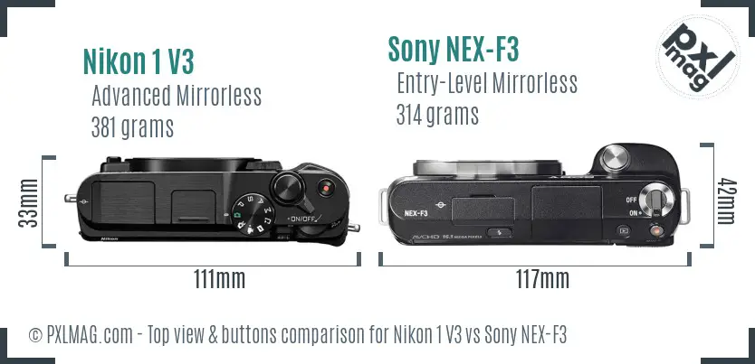 Nikon 1 V3 vs Sony NEX-F3 top view buttons comparison