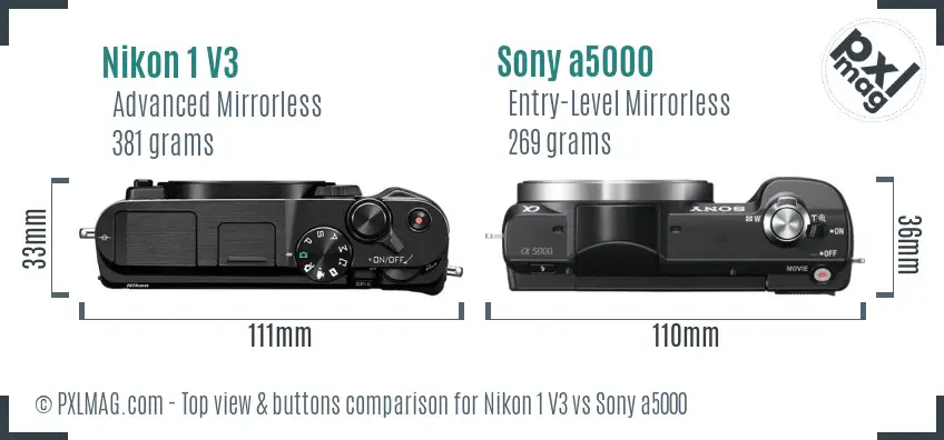 Nikon 1 V3 vs Sony a5000 top view buttons comparison Nikon 1 V3 vs Sony a5000 top view buttons comparison