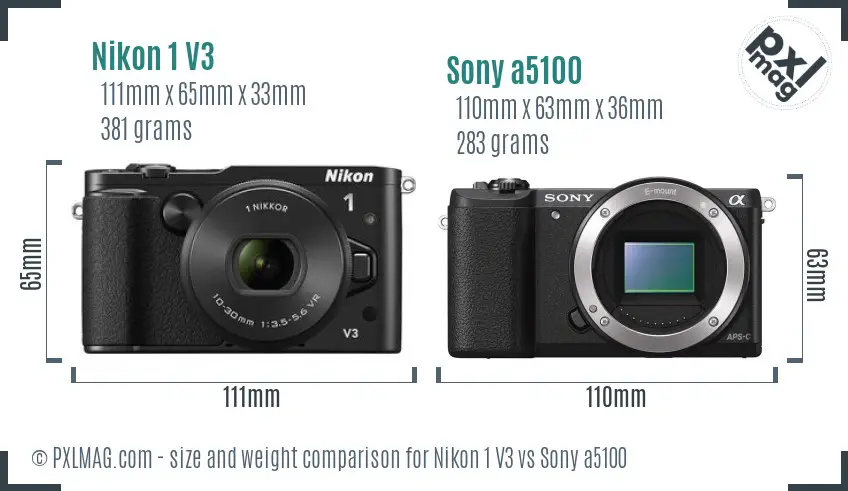 Nikon 1 V3 vs Sony a5100 size comparison