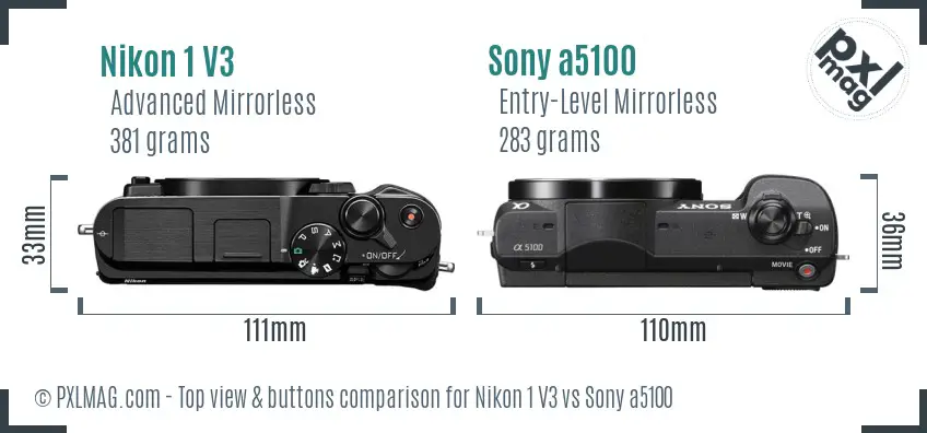 Nikon 1 V3 vs Sony a5100 top view buttons comparison
