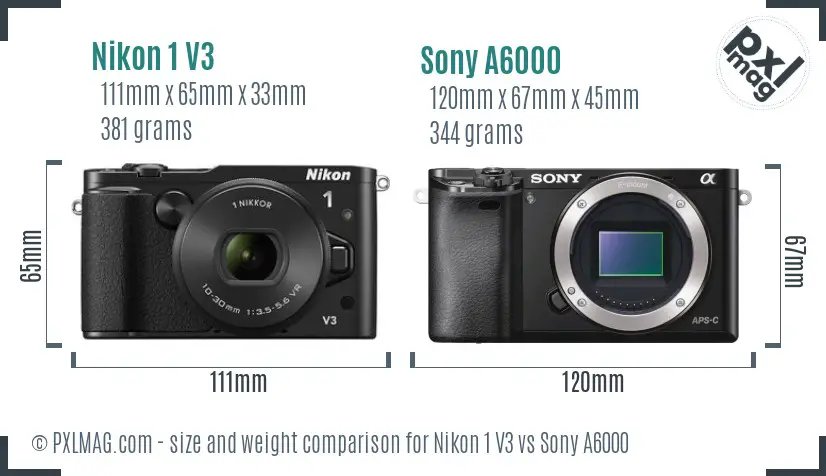 Nikon 1 V3 vs Sony A6000 size comparison
