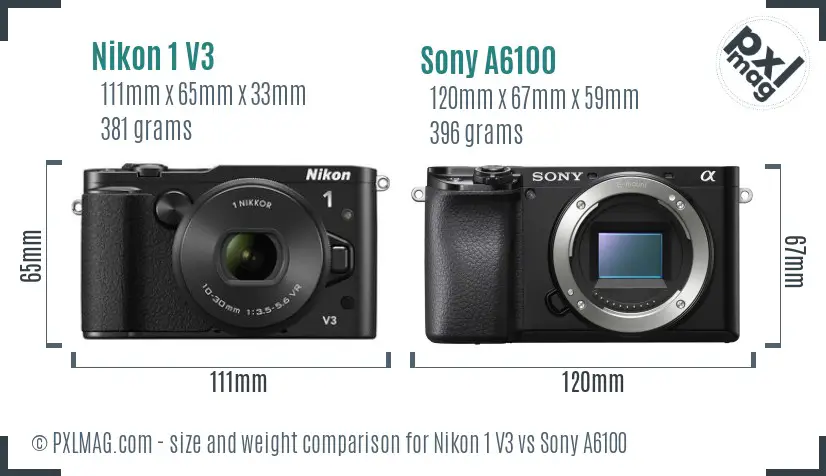 Nikon 1 V3 vs Sony A6100 size comparison