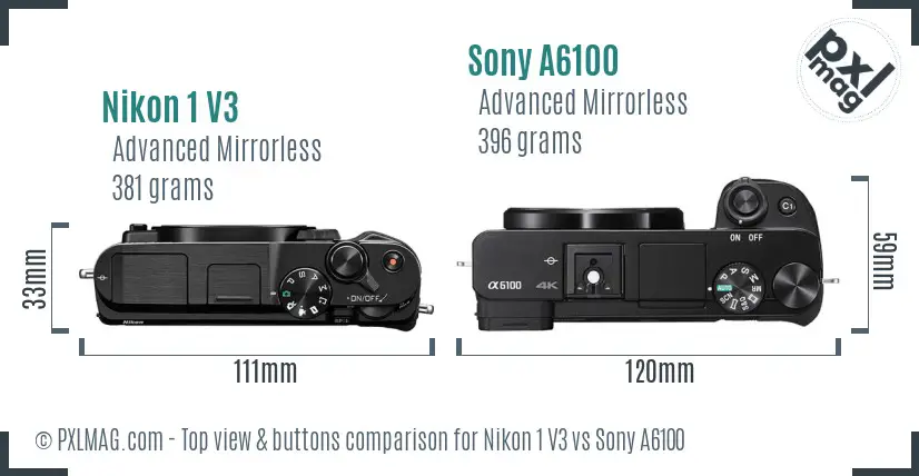 Nikon 1 V3 vs Sony A6100 top view buttons comparison