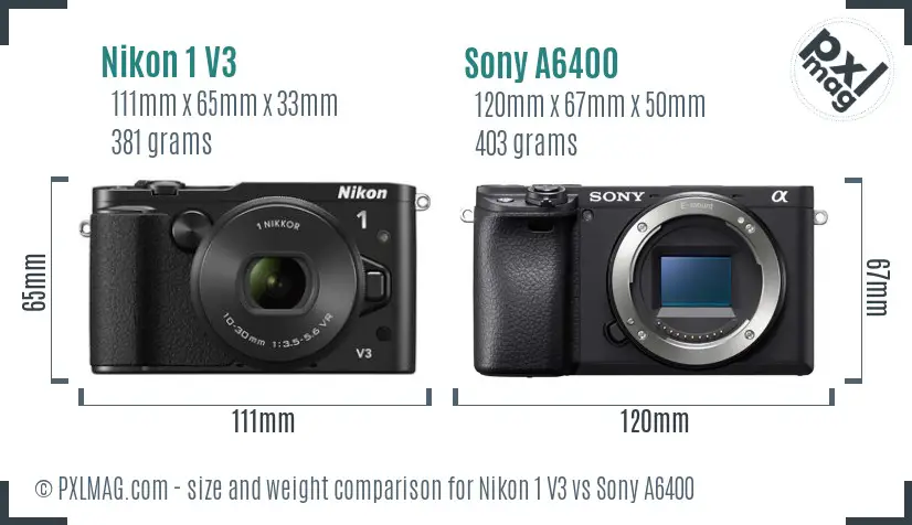 Nikon 1 V3 vs Sony A6400 size comparison