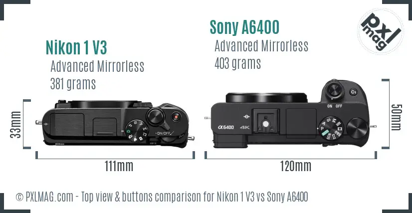Nikon 1 V3 vs Sony A6400 top view buttons comparison