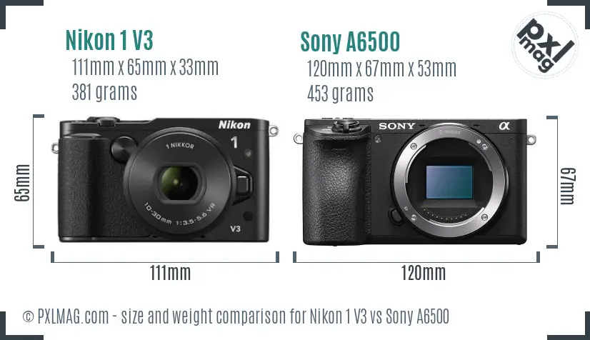 Nikon 1 V3 vs Sony A6500 size comparison