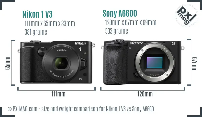 Nikon 1 V3 vs Sony A6600 size comparison