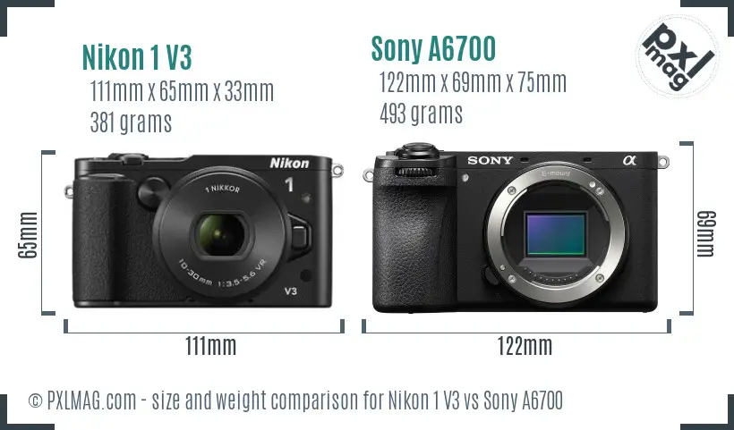 Nikon 1 V3 vs Sony A6700 size comparison