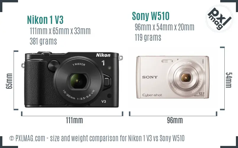 Nikon 1 V3 vs Sony W510 size comparison