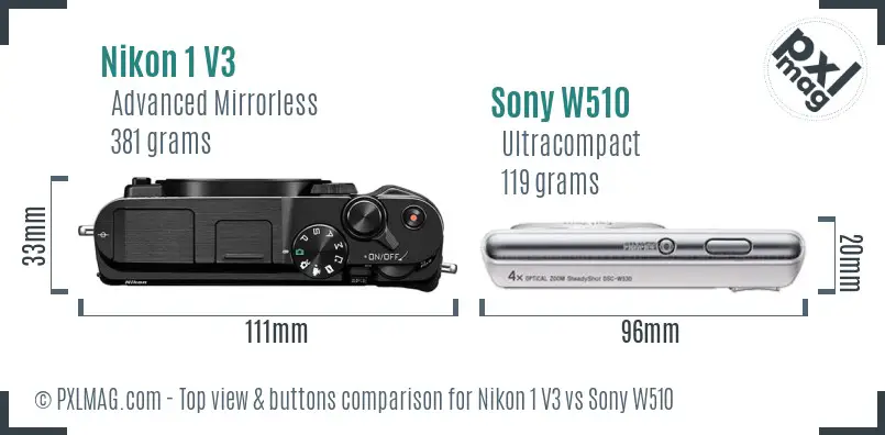 Nikon 1 V3 vs Sony W510 top view buttons comparison